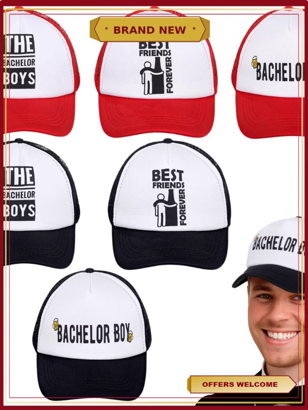 6 Pcs Bachelor Party Trucker Hats Adjustable Mesh Caps for Groom Beach Summer
